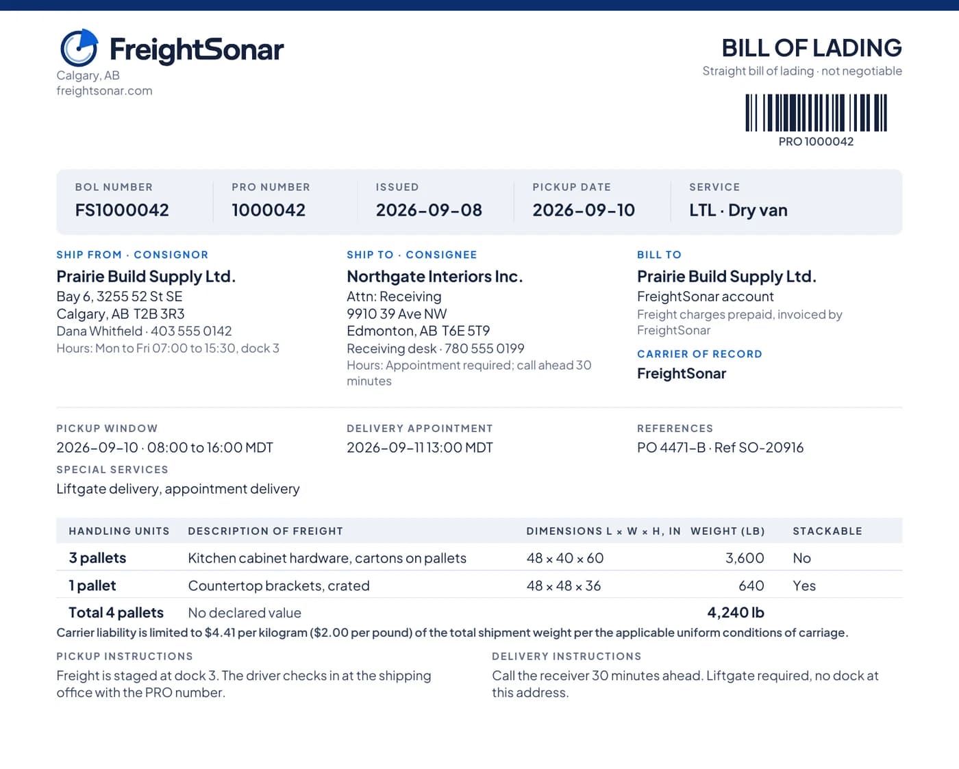 A FreightSonar bill of lading with PRO barcode, parties and the freight table