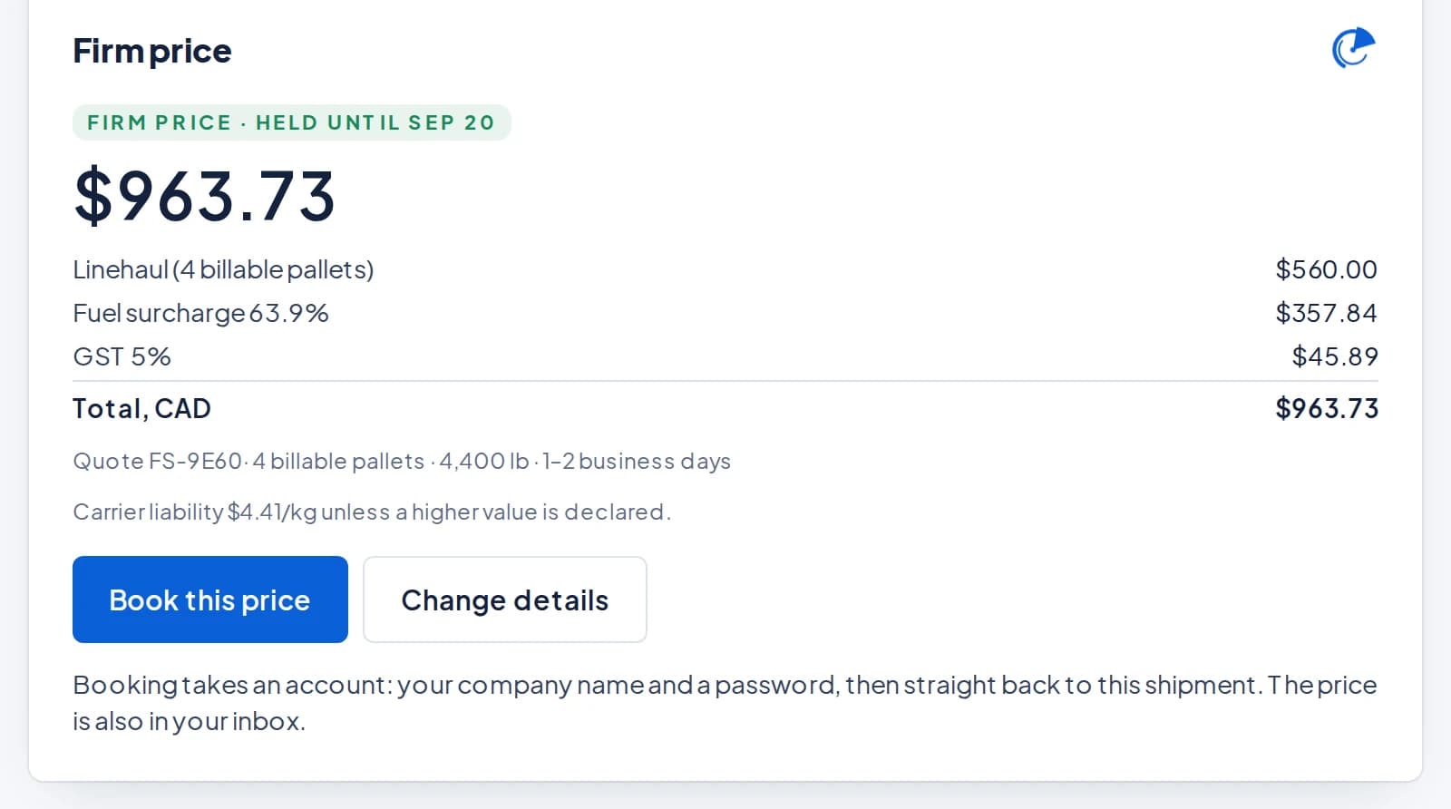 A FreightSonar quote showing linehaul, fuel surcharge, GST and a firm total