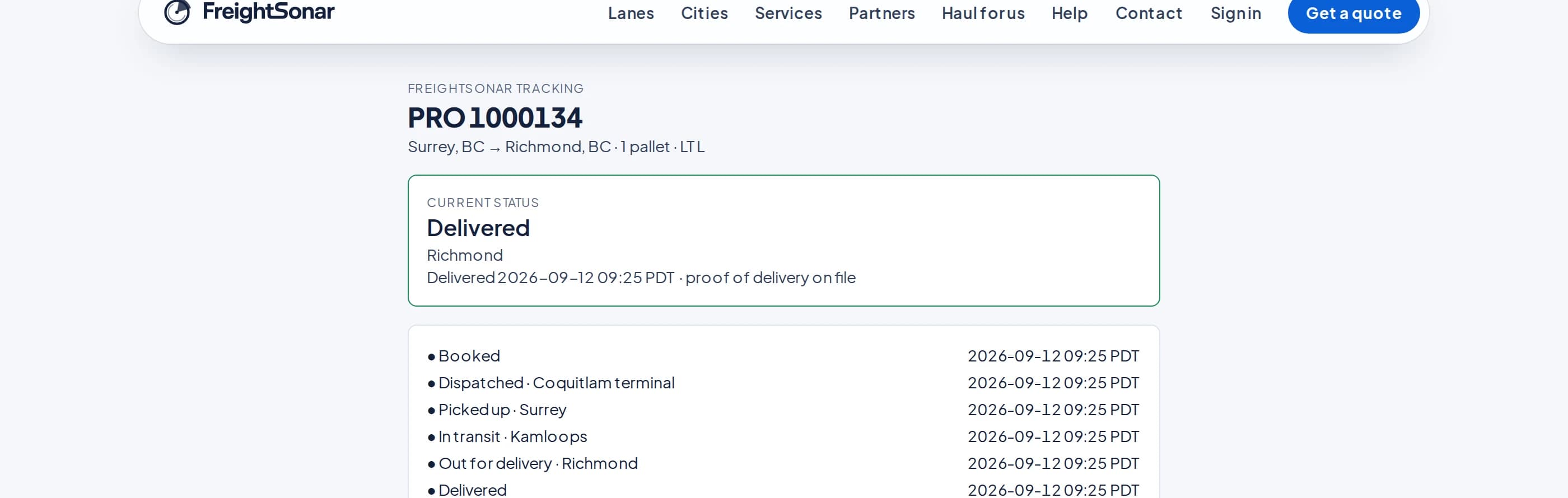 The public tracking page a consignee sees