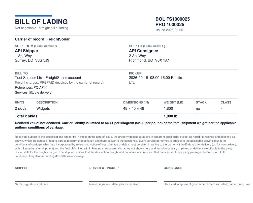 A FreightSonar bill of lading with consignor, consignee, freight table and signature blocks