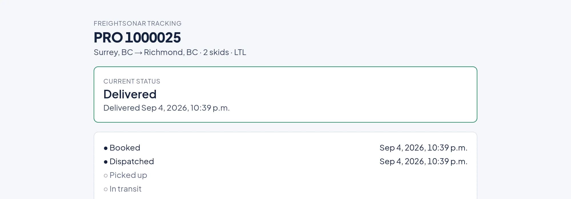FreightSonar public tracking page showing the shipment status timeline